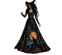 Vhersily 2026 Costume Halloween Donna Vestito Maxi Scollo a V Maniche Lunghe Vestito Strega Vampira Medievale Motivo Scheletro Rose Gotico Abito da Principessa Steampunk Horror Cosplay Sexy