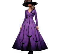 Vhersily 2026 Costume Halloween Donna Vestito Maxi Scollo a V Maniche Lunghe Vestito Strega Vampira Medievale Motivo Scheletro Rose Gotico Abito da Principessa Steampunk Horror Cosplay Sexy
