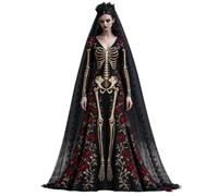 Vhersily 2026 Costume Halloween Donna Vestito Maxi Scollo a V Maniche Lunghe Vestito Strega Vampira Medievale Motivo Scheletro Rose Gotico Abito da Principessa Steampunk Horror Cosplay Sexy
