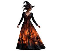 Vhersily 2026 Costume Halloween Donna Vestito Maxi Scollo a V Maniche Lunghe Vestito Strega Vampira Medievale Motivo Scheletro Rose Gotico Abito da Principessa Steampunk Horror Cosplay Sexy
