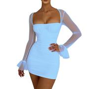 Vhersily Abito Da Donna In Rete, Patchwork Linea A Scollo Quadrato A Maniche Lunghe, Con Volant Da Viaggio Slim Fit Clubwear Curvy Chic e Elegante per Sera Cerimonia Capodanno Lavoro e Discoteca