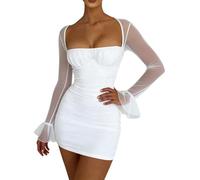 Vhersily Abito Da Donna In Rete, Patchwork Linea A Scollo Quadrato A Maniche Lunghe, Con Volant Da Viaggio Slim Fit Clubwear Curvy Chic e Elegante per Sera Cerimonia Capodanno Lavoro e Discoteca