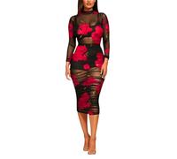 Vhersily Abito Da Donna Sexy In Pizzo Trasparente Tulle Con Stampa Aderente Stretta Abito Midi Lungo per Cerimonie Discoteca Cocktail, Classico, Streetwear Abiti Da Sera Formale, per Matrimoni