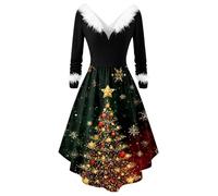 Vhersily Allenamento Natale Stile Pin Up Scollo a V Pelliccia Elegante Casual Aderente Grande Swing Abito Autunno e Inverno da Festa Abiti Natalizi Curvy Xmas Abiti Da Sera Regalo Natalizia Capodanno
