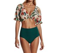 Vhersily Bikini Donna Due Pezzi Contenitivo Vita Alta Manica Corta, Hawaiano, Per Vacanze, Tutti I Giorni, Costume Da Bagno Estivo, Schiena Scoperta, Alla Moda, Traspiranti, Tankini Mare Curvy