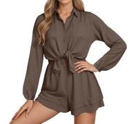 Vhersily Completo Corto Donna Elegante Primavera Estate Top Maniche Lunghe Orlo Arricciato Due Pezzi Comodo Ampio Casual Moda, Set Pigiama A Vita Alta, per Viaggi E Passeggiate, per Mezze Stagioni