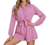 Vhersily Completo Corto Donna Elegante Primavera Estate Top Maniche Lunghe Orlo Arricciato Due Pezzi Comodo Ampio Casual Moda, Set Pigiama A Vita Alta, per Viaggi E Passeggiate, per Mezze Stagioni