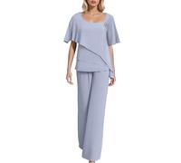 Vhersily Completo Donna Elegante Chiffon Camicia a Maniche Corte et Pantalon 2 Pezzi Set Taille Haute Taglia Grande Cerimonia Outfits, Per Tempo Libero, Allenamento, Traspirante, per Cocktail, Feste