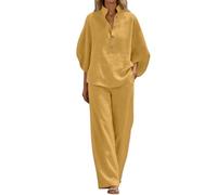 Vhersily Completo Donna Elegante Estivo Curvy Cotone Lino Tuta Estiva Completa 2 Pezzi Camicia + Pantaloni Larghi da Cerimonia Cocktail Cerimonia Boho Set Coordinato Matrimoni Vacanza da Spiaggia