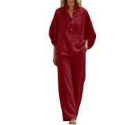 Vhersily Completo Donna Elegante Estivo Curvy Cotone Lino Tuta Estiva Completa 2 Pezzi Camicia + Pantaloni Larghi da Cerimonia Cocktail Cerimonia Boho Set Coordinato Matrimoni Vacanza da Spiaggia