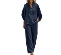Vhersily Completo Donna Elegante Estivo Curvy Cotone Lino Tuta Estiva Completa 2 Pezzi Camicia + Pantaloni Larghi da Cerimonia Cocktail Cerimonia Boho Set Coordinato Matrimoni Vacanza da Spiaggia