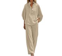 Vhersily Completo Donna Elegante Estivo Curvy Cotone Lino Tuta Estiva Completa 2 Pezzi Camicia + Pantaloni Larghi da Cerimonia Cocktail Cerimonia Boho Set Coordinato Matrimoni Vacanza da Spiaggia
