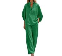 Vhersily Completo Donna Elegante Estivo Curvy Cotone Lino Tuta Estiva Completa 2 Pezzi Camicia + Pantaloni Larghi da Cerimonia Cocktail Cerimonia Boho Set Coordinato Matrimoni Vacanza da Spiaggia