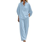Vhersily Completo Donna Elegante Estivo Curvy Cotone Lino Tuta Estiva Completa 2 Pezzi Camicia + Pantaloni Larghi da Cerimonia Cocktail Cerimonia Boho Set Coordinato Matrimoni Vacanza da Spiaggia