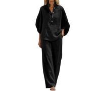 Vhersily Completo Donna Elegante Estivo Curvy Cotone Lino Tuta Estiva Completa 2 Pezzi Camicia + Pantaloni Larghi da Cerimonia Cocktail Cerimonia Boho Set Coordinato Matrimoni Vacanza da Spiaggia