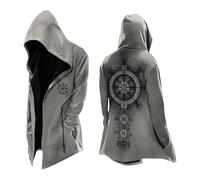 Vhersily Mito Nordico Uomo Cardigan Medio Lungo con Cappuccio, Classico Stampato 3D Cappotto con Tasche, Biker Giacca Primavera Felpa Medievale Giacca Vichingo Invernali Antivento Antipioggia Giacce