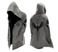 Vhersily Mito Nordico Uomo Cardigan Medio Lungo con Cappuccio, Classico Stampato 3D Cappotto con Tasche, Biker Giacca Primavera Felpa Medievale Giacca Vichingo Invernali Antivento Antipioggia Giacce