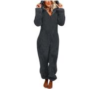 Vhersily Pagliaccetto in Peluche da Donna Pigiama Intero Pile di Corallo Tuta Maniche Lunghe Tutina Cerniera Felpe con Cappuccio Indumenti Notte Invernale Intera Comodo Manica Lunga Pigiamone Set