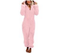 Vhersily Pagliaccetto in Peluche da Donna Pigiama Intero Pile di Corallo Tuta Maniche Lunghe Tutina Cerniera Felpe con Cappuccio Indumenti Notte Invernale Intera Comodo Manica Lunga Pigiamone Set