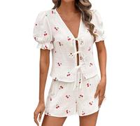 Vhersily Set Pigiama In Cotone Con Scollo A V Da Donna - Moda Primaverile Indumenti Da Notte Con Cardigan Carino Con Piccoli Frutti Di Ciliegia Increspato, A Maniche Corte In Stile Principe