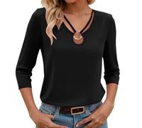Vhersily Top da Donna Camicie da Vacanza di Base Manica 3/4 Casual Tunica Autunno Uscire Tee Scollo A V Camicetta Cava Lounge O Ring T Shirt Tempo Libero Sport Fitness Outdoor Basic Sportswear
