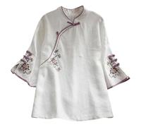 Vhersily Tradizionale Tang Abiti da Donna Ricamo Qipao Camicie Baggy Casual Cotone Lino Manica Lunga Pulsante Rana Colletto Mandarino Taichi Vestiti retrò Etnico Cinese Cheongsam Camici Top，Elegante