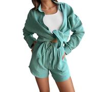 Vhersily Tuta Donna Completa - Cotone e Lino Leggera Completo Elegante Tute Taglie Forti Set Tinta Unita Camicia e Pantaloncini Vita Alta Completi Comodo, Per Fitness e Yoga, Casa, per Viaggi