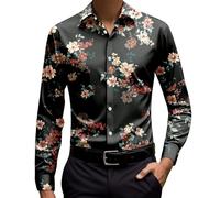 Vhersily Uomo Floreale Camicia Con Bottoni,Camicia A Fiori Da Camicie Abbottonate Motivo Piccoli Neri Maniche Lunghe Allentata Romantica Si Applica Al Concerto Di Ballo Elegante per Matrimoni