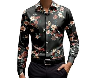 Vhersily Uomo Floreale Camicia Con Bottoni,Camicia A Fiori Da Camicie Abbottonate Motivo Piccoli Neri Maniche Lunghe Allentata Romantica Si Applica Al Concerto Di Ballo Elegante per Matrimoni