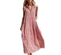 Vhersily Vestito A Quadretti Da Donna Estivo Primaverile In Cotone Con Tasche Leggero e Arioso BohéMien Romantico Curvy Traspiranti Morbido Classic Moda per Spiaggia Uso Quotidiano e Vacanze al Mare