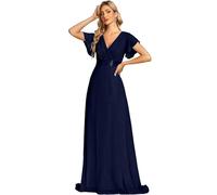 Vhersily Vestito da Sera con Doppio Scollo a V Maniche Sbuffo e Chiffon Elasticizzato per Banchetti Cerimonie - Abito da Lungo Donna Elegante Campana Matrimoni per Luna di Miele, Feste in Intimo