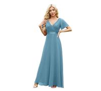 Vhersily Vestito da Sera con Doppio Scollo a V Maniche Sbuffo e Chiffon Elasticizzato per Banchetti Cerimonie - Abito da Lungo Donna Elegante Campana Matrimoni per Luna di Miele, Feste in Intimo