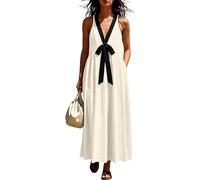 Vhersily Vestito Lungo Estivo Primaverile Classico Romantico Scollo a V Senza Maniche con Volant In Cotone Con Tasche Leggero e Arioso BohéMien Curvy Traspiranti per Spiaggia Uso Quotidiano e Vacanze