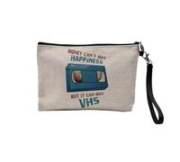 VHS - Astuccio in lino con scritta "Money Can't Buy Happiness Video", in tela effetto lino, 15 x 10 cm, lino, 23.5 x 15 cm, Astuccio per il trucco