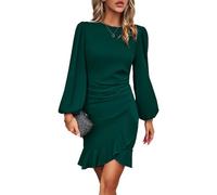 VHUQGVU Abito da Donna con Maniche Lunghe Vita Definita Aderente Elegante per Ufficio Unita Abito Donna Cocktail,Verde,L