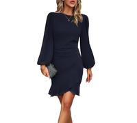 VHUQGVU Abito da Donna con Maniche Lunghe Vita Definita Aderente Elegante per Ufficio Unita Abito Donna Cocktail,Blu 1,M