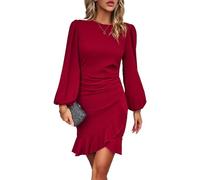 VHUQGVU Abito da Donna con Maniche Lunghe Vita Definita Aderente Elegante per Ufficio Unita Abito Donna Cocktail,Rosso,L