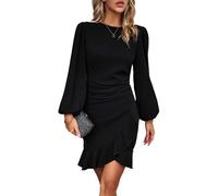 VHUQGVU Abito da Donna con Maniche Lunghe Vita Definita Aderente Elegante per Ufficio Unita Abito Donna Cocktail,Nero,L