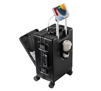 VHVYWY Valigia Intelligente da Viaggio in Alluminio, Custodia Rigida in Policarbonato Bagagli da Rigida Valigetta con Porta USB, Portabicchieri e Supporto per Cellulare (Nero, L -24 Pollici)
