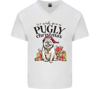 Vi Auguriamo un Pugly Natale Divertente T-Shirt in Cotone da Uomo a V
