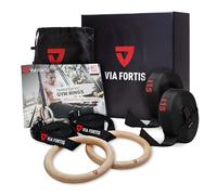 VIA FORTIS® Anelli da Ginnastica in Legno con Cinghie, Custodia e Guida agli Esercizi - Anelli da Palestra per Calisthenics e CrossFit - Versione da Competizione - Cinghie Extra Larghe con Indicazioni