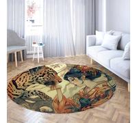 Via Vela Alfombras redondas japonesas 80cm Geisha kimono mujer leopardo alfombrilla lavable antidesl grande fina plegable pelo bajo resist manchas para Salón Dormitorio Oficina