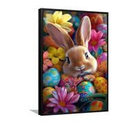 Via Vela Coniglietto Pasqua Arte Tela Carino Coniglio Uova e Fiori decor Della Parete Tela Stampe Immagini Poster Artistici per Bagno Camera Da Letto Home Decor 80x120cm con Cornice Nera