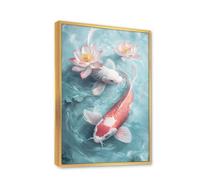Via Vela Design estetico Koi Fish Canvas Wall Art Pittura in stile Zen Opere d'arte a tema moderno Stampe di laghetto di loto per soggiorno Home Office Decor 60x90cm con cornice in oro