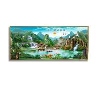 Via Vela Feng Shui Grande Tela di Canapa Arte Della Parete Natura Paesaggio Stampe Cascata Asiatica Pittura L'acqua Che Scorre Porta Ricchezza Murale Per Home Office Decor 60x145cm Con Cornice In Oro