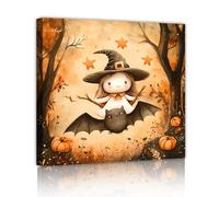 Via Vela Halloween Cartoon Canvas Wall Art Murale Carino Strega Pipistrello Fantasia Zucca Foresta Poster Pittura Opera d'Arte per Interno Corridoio Decor 50x50cm telaio interno