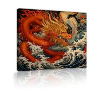 Via Vela Illustrazioni murali giapponesi in stile Ukiyo-E stampe arancioni di drago e onde oceaniche astratte poster mitologici pittura per decorazioni di sala giochi 45x60cm