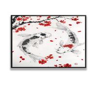 Via Vela Koi Fish Cherry Blossom Canvas Wall Art Oriental Zen Pittura Stampa Stile Giapponese Grande Murale Poster Artwork per Soggiorno Home Decor 60x92cm con Cornice Nera