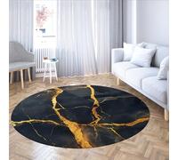 Via Vela Marble Collection Tappeto rotondo astratto 100cm - Moderno contemporaneo Black Gold Crack Texture Boho Tappeto sottile a pelo basso per soggiorno
