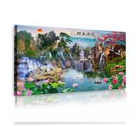 Via Vela Paesaggio montano tela di canapa Stampe a cascata Fiori di loto Poster Immagini L'acqua che scorre porta ricchezza Opera d'arte per l'arredamento dell'ufficio 50x100cm telaio interno